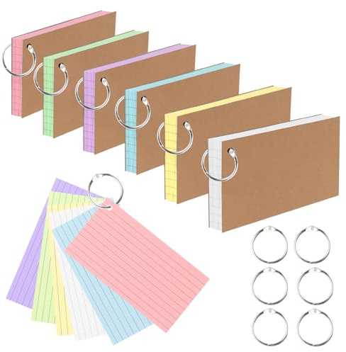 Ztowoto 300 Stück Linierte Karteikarten mit 6 Ring, 6 Farben Bunt Lernkarten Kraftpapier-Cover, 12,8x7,8cm Vokabelkarten für Notizen, Englisch Vokabeln，Flashcards für Studenten und Zuhause(6 Farben)