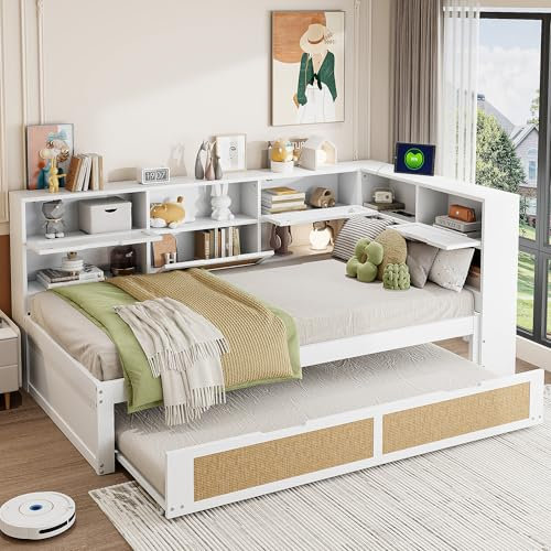 Tagesbett Schlafsofa 90x200, Holz Multifunktionsbett mit Ausziehbett 90x190 cm, USB-Steckdose und vielen Staufächern, Einzelbett Massivholzbett Kinderbett Daybett mit Lattenrost, Ohne Matratze, Weiß