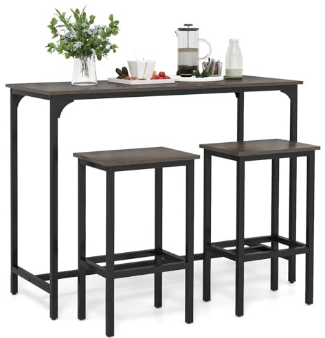 COSTWAY Bar Table Set with 2 Stools, 3 Pieces Breakfast Bar Set with Footrest, Counter Height Dining Table and Chairs for Home Kitchen Pub Cafe (Gray+Black)