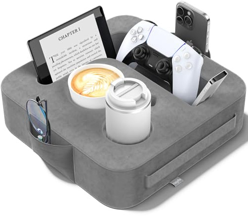 Heyife Couch Cup Holder Pillow with L-Shaped Tablet Slot, Sofa Cup Holder Tray for iPad, Kindle, Switch, Phone & Drink Holder, Non-Slip Couch Organiser for Sofa, Bed, Desk, Ash Grey