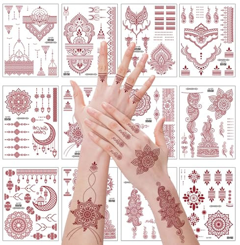 KASESSS 12 Feuilles Tatouage Ephemere Femme Marron Rouge, Tatouage Temporaire, Faux Tatouage, Lotus Mandala Fleur Tatouage Autocollants, Indien Tatouages en Dentelle pour Doigts, Bras, Dos, Nuque