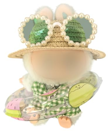 Hemaisu 5-teiliges Puppenkleidungs-Badeanzug-Set | Strohhut, Perlensonnenbrille, grün karierter Badeanzug, Perlenkette und Schwimmring für Labobo Labibu (keine Puppe)