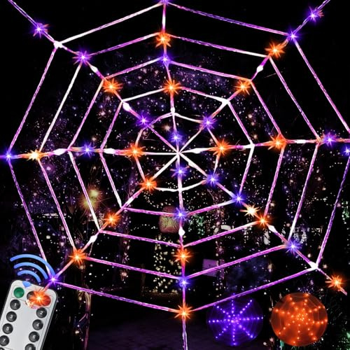 Spinnennetz Halloween, 360CM XL LED Spinnennetz mit Orange Lila Licht, Fernbedienung Deko, Partylichter, für Halloween-Partys, Fenster, Bäume, Wände, Dächer und Gärten