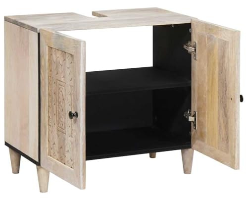 vidaXL Bathroom Cabinet White 62 x 33 x 58 cm Solid Wood Mango, Stylish Bathroom Cabinet, Compact Storage in Mango Wood, Rustic Design, Elegant Utility Furniture, Decorative Organizer