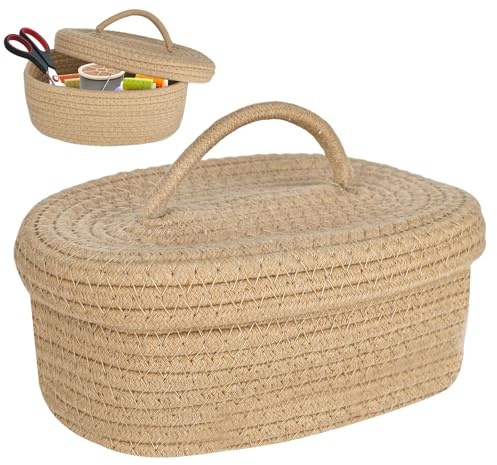 YHNDECO Aufbewahrungskorb Geflochten mit Deckel, Gewebter Baumwollkorb, Korb mit Deckel aus Baumwolle, Geflochtener Baumwollseil Korb für Bad, Regal, Kinderzimmer 23cm*15cm*10cm