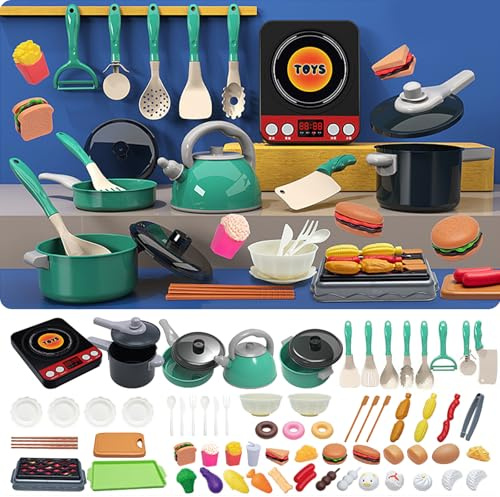 Kitchen Pretend Toy, Pretend Cooking Playset, Mini Pots Pans Toy Kitchen Accessories with Induction Cooker, Cutting Fruits Veggies,Educational Cooking Set for Toddlers Girls Boys Ages 3+ (Green 86pcs)