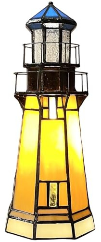 Bieye L30979 Tiffany-Stil Leuchtturm-Tischleuchte aus Buntglas, 24 cm hoch