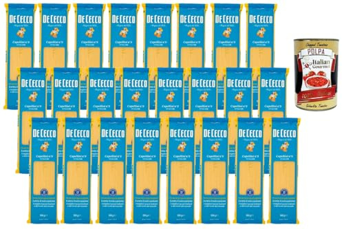 Italian Gourmet De Cecco Capellini Nr. 9 – Italienische Pasta aus Hartweizengrieß, extra feine Nudeln (Angel Hair), ca. 2 Min Kochzeit, langsam getrocknet 24 x 500 g + Italian Gourmet polpa