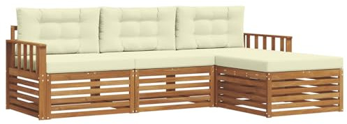 vidaXL Outdoor-Sofagarnitur mit Kissen 4 pcs Natur und Creme, Gartenlounge-Set, modernes Ecksofa für draußen, langlebige Möbel für Bequeme Terrassenplätze