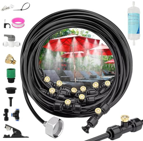 Sprühnebel Terrasse Wassernebel Kühlung,18M Outdoor Vernebler Wassernebel Luftkühler 25 Messing-Nebeldüsen für Zerstäubung, Kühlung, Bewässerungssystem, Sprühnebel-System