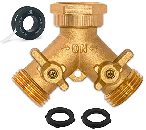 Morvat Brass Heavy-Duty Garden Hose Water Splitter | LEAD-FREE 2-Way Y Splitter for Water Spigot & Faucet | Manifold Connector ON/OFF Valves w/Improved Comfort Grip, 3 Extra Washers & Teflon Tape