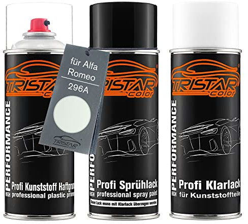 TRISTARcolor Autolack Spraydosen Set für Kunststoff Stoßstange für Alfa Romeo 296A Bianco Pastello Haftgrund Basislack Klarlack mit Weichmacher Sprühdose