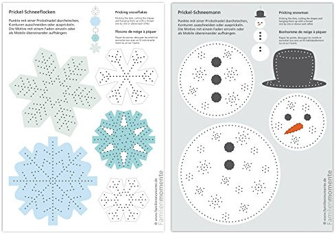 Familienmomente 10 Bastelbogen zum Prickeln Schnee (5X Schneemann/5x Schneeflocken) DIN A5