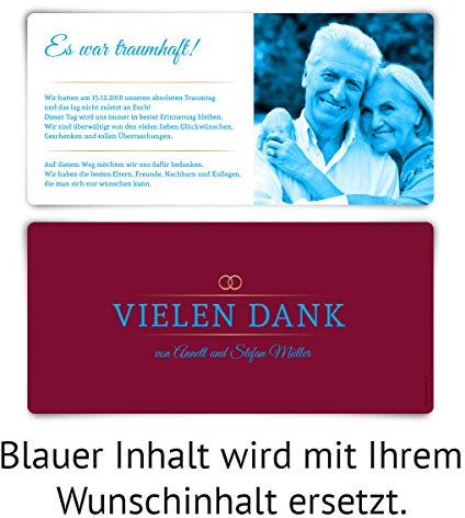 Kartenmachen.de 40 x Danksagungskarten goldene Hochzeit Hochzeitskarten Dankeskarten individuell mit Foto und Text DIN Lang 210x98mm - Burgunder Gold