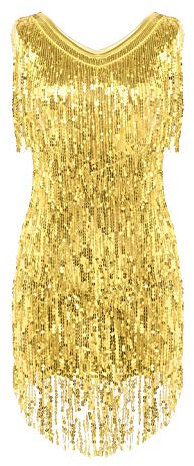 Agoky Damen Ärmellos Pailletten Kleid V-Ausschnitt Glitzer Quasten Partykleid Flapper Kostüm Tanzkleid Samba Tango Latein Outfits Gold L