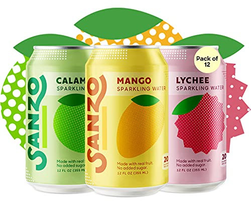 Sanzo Sprudelwasser-Sortiment, hergestellt mit echten Früchten, ohne Zuckerzusatz, 355 ml, 12 Stück