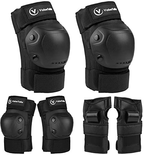 ValueTalks 6pcs Kids Knee and Elbow Pads Wrist Pads, Age 9-15 Years Skateboard Pads Kids Protective Gear Set for Cycling Skating Roller Skates (Black)