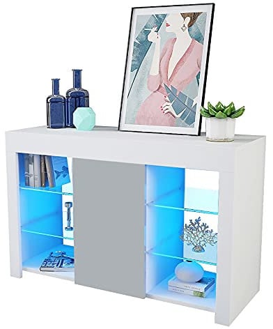 Artist Hand White Sideboard Cabinet, 94CM Modern White Gloss Sideboard Storage Cabinet, Wooden Cupboard Display Cabinets With LED Lights 4 Glass Shelves For Dining Room Living Room