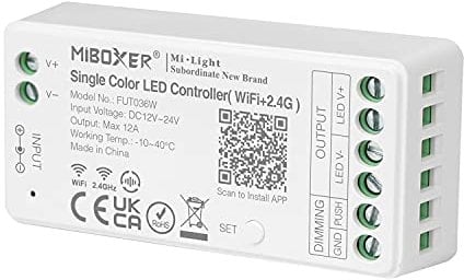 lighteu®, Milight Miboxer Dimmer einfarbiger WiFi LED Streifen Controller, Alexa und Google Home Sprachsteuerungs, Fernbedienung und APP Steuerung keine WiFi Box erforderlich, Bluetooth 4.2, FUT036W