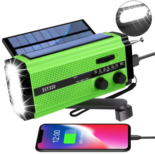 YIKANWEN Radio Solar Portátil, Radio Am/FM con Manivela y Batería Recargable 5000mAh, Linterna LED, Luz de Lectura y Alarma SOS para Camping y Exteriores