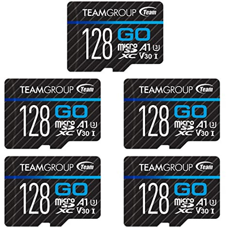 TEAMGROUP GO Card 128GB x 5 PACK Micro SDXC UHS-I U3 V30 4K for GoPro & Drone & Action Cameras High Speed Flash Memory Card with Adapter for Outdoor Sports, 4K Shooting, Nintendo-Switch TGUSDX128GU363