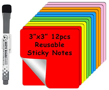 MVISUAL Magnetstreifen Beschreibbar 7,6 x 7,6 cm, Wiederverwendbare Haftnotizen, 6 Farben, 12 Stück, Abnehmbar, Wiederverwendbare Whiteboard Aufkleber,Selbstklebend, Abwaschbar