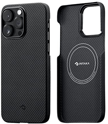 pitaka Ultradünne Hülle für iPhone 14 Pro Max Kompatibel mit Magsafe aus Aramidfaser Magnetische Schutzhülle mit Kameraschutz und Textur Haptik Minimalismus [MagEZ Case 3] Schwarz/Grau
