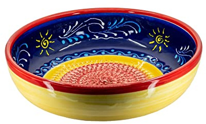 Kaladia - Reibeschüssel/Keramikhobel - ideal zum Gewürze reiben und Servieren von Gerichten - Motiv: Blau mit Sonne - Durchmesser: 23 cm - handgemacht & handbemalt - Made in Spain