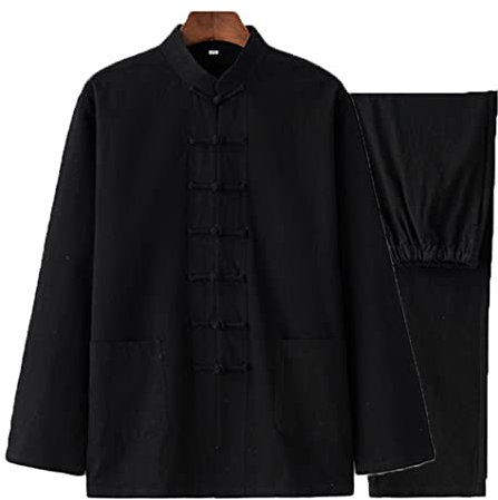 QPZK Baumwolle Leinen Tai Chi Uniform Kung Fu Anzug Chinesisch Traditionelle Kleidung Tang Anzug Herren Kampfkunst Jacke Atmungsaktiv Langarm Mantel Tops Zen Meditation Uniform, Schwarz, M/L