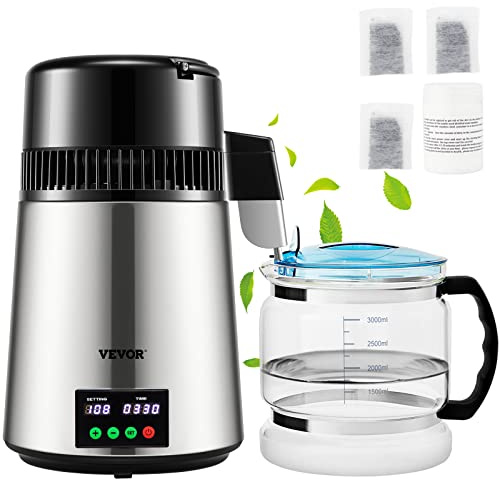 VEVOR 1.1 Gal Water Distiller, 0.3 Gal/H, Distilled Water Maker Machine 750W 0-99H Timing Set Temp Display, 304 Stainless Steel Countertop Distiller Glass Carafe Cleaning Powder 3 Carbon Packs, Silver