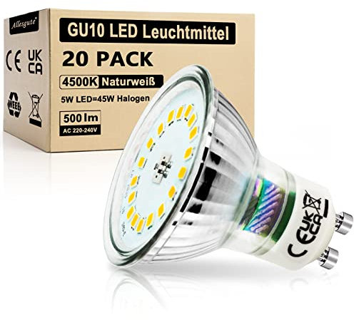 Allesgute GU10 LED 5W LED Lampe Glas Neutralweiß 500lm LED Birnen 45W Halogen Ersatz Base Classic Strahler Leuchtmittel, Nicht Dimmbar 20er pack