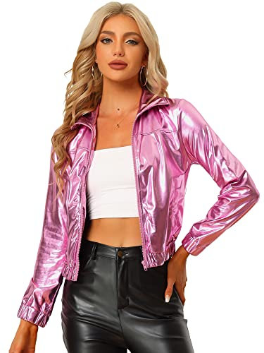 Allegra K Veste de survêtement pour femmes Holographic Brillant à manches longues Veste métallique Zip Front Rose S