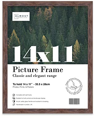 Almost Frameless 14x11 Walnut Picture Frame 14x11(35.6x27.9cm) Poster, Photo, Artwork, or Print. Thin Edge Slim Frame Portrait and Landscape Display with Wall Hooks