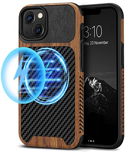 TENDLIN Cover Magnetica per iPhone 13 Compatibile con MagSafe Custodia in Legno con Carbonio e Pelle Compatibile con iPhone 13 (Nero)