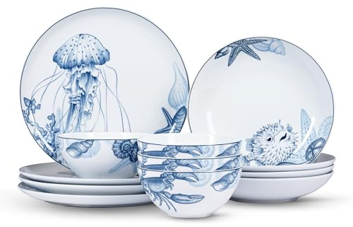 Minh Long 12-teiliges Teller- und Schüssel-Set, Küstengeschirr-Sets, Porzellangeschirr-Set für 4, blaue und weiße Gerichte, ideal für den Vatertag