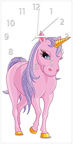 Wallario Design-Wanduhr Einhorn in rosa mit Schweif in lila II aus Glas, Motiv-Uhr Größe 30 x 60 cm, weiße Zeiger