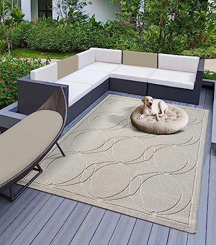 Teppich Indoor & Outdoor Teppich Capri mediteranes Kreise Design, rechteckig, Höhe: 5 mm, Kurzflor Balkon Terrasse Küchenteppich Wohnzimmer Creme 160x230 cm