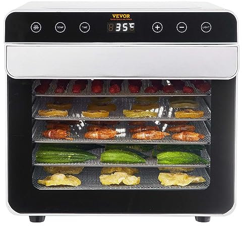 VEVOR 700 W Dörrautomat Edelstahl, 300 x 280 mm 6 Stk. Tabletts 360° Trocken, Dörrgerät, 35-85℃ Temperaturregelung, 0,5 bis 48-Stunden-Timer, Überhitzungsschutz, Rezeptheft für Fleisch Obst Gemüse