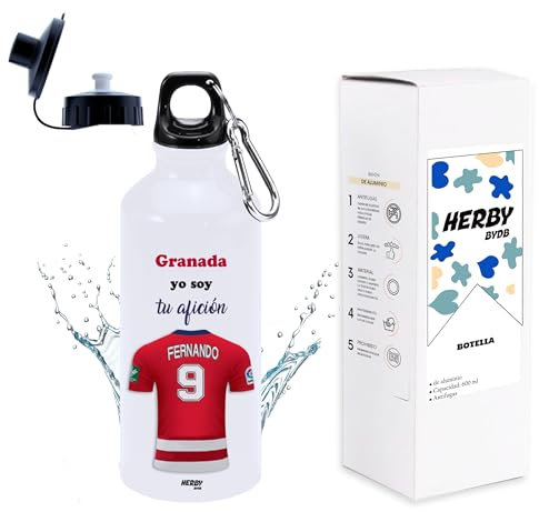 Botella de agua del Granada personalizado con nombre, bidón de aluminio para llevar, cantimplora para niños de 600 ml con dos tapones, regalos personalizados para niños con su nombre (Granada)
