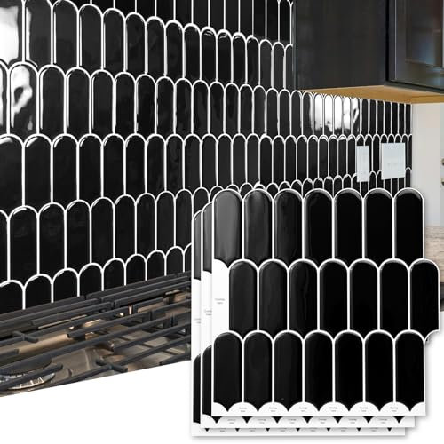 Art3d Lot de 10 feuilles de carreaux de carrelage mural en vinyle à décoller et à coller pour dosseret de cuisine, salle de bain, buanderie, 30,5 x 30,5 cm, noir