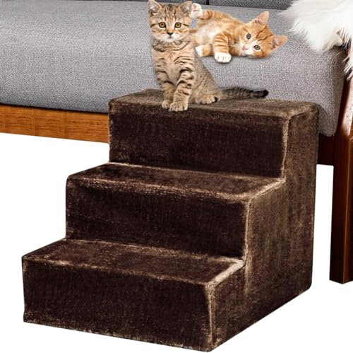 BAKAJI Escalera para Mascotas con 3 escalones y Forro extraíble de Felpa, rampa para Gatos y Perros Mayores, Escalera con Relleno de Alta Densidad, 45,5 x 36 x 34 cm… (marrón)