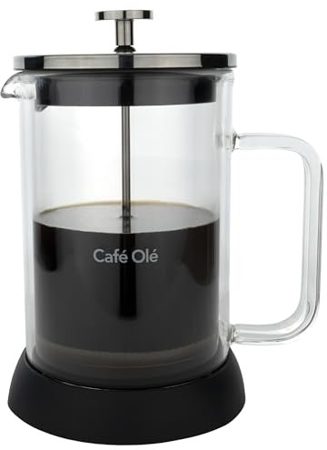 Café Olé Doppio Double Walled Glass Cafetiere, French Press, Silicone Non-Slip Base, 6 Espresso Cup/ 800ml, Black