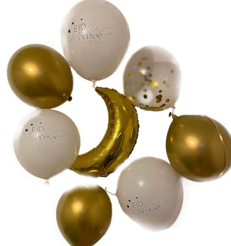 SHERA® - 9 Grands Ballons Eid Mubarak Or et Blanc - Décoration Ramadan avec Ballon Lune Dorée, Ballons Confettis et Ruban - Decoration Orientale Aid Moubarak - Kit Gold Accessoires Musulmans