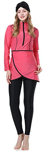IBTOM CASTLE Muslimische Bademode Badeanzüge Burkini Damen Muslim Langarm Top+Hosen+Hijab 3 Stücke Set Ganzkörper Badeanzug Floral Badebekleidung Rashguard Sets T-Rose Rot XL