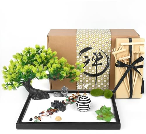 Artcome Japanischer Zen-Sandgarten für den Schreibtisch, Zuhause, Büro-Schreibtisch-Zubehör, handgefertigtes rechteckiges Tablett für Meditationstherapie, achtsames Entspannungs- und