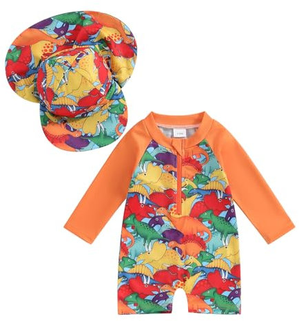 RWYBEYW Toddler Baby Boy Girl Rash Guard Swimsuit Floral Print Short Sleeve Zipper One Piece Bathing Suit with Swim Hat (A# Orange Dinosaur, 2-3 Years)