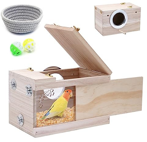BREUAILY Sittich-Nistkasten mit transparentem Wellensittich, Brutkasten, Sitzstange, Holz, Sichtfenster - Lovebirds, Nymphensittiche, Wellensittiche