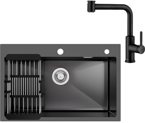 CECIPA 70 x 45 CM Spülbecken Edelstahl Anthrazit Mit Wasserhahn Küche Ausziehbar Schwarz