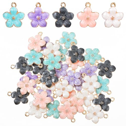 Mabor Emaillierter Kirschblüten Charms Anhänger für Armbänder，35Pcs Metallischer Blumen Charms Anhänger Set Schlüsselanhänger Basteln zur Schmuckmachen Halsketten Armbänder Ohrringe DIY Bastelarbeiten