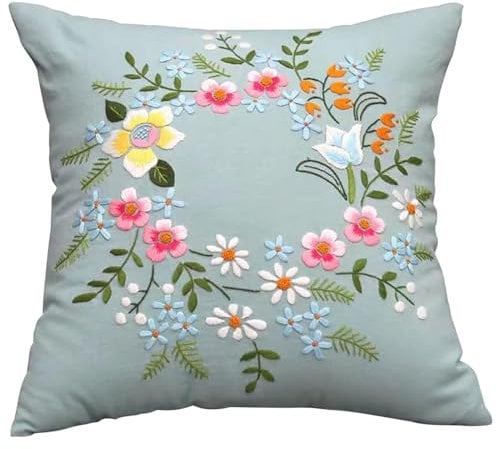 Embroidery Kit Pillowcase DIY Kit Cushion Cover Pillow Cover Embroidery Kit, Car Cushion DIY Hand Embroidery Pillow Case Kit Stitch Set with Flower Patterns and Embroidery Hoop Sewing Craft